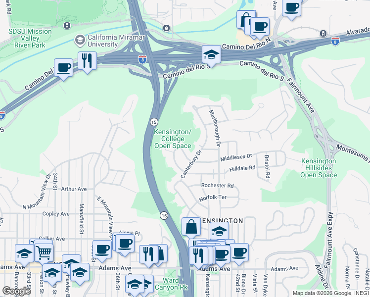 map of restaurants, bars, coffee shops, grocery stores, and more near 4018 North Hempstead Circle in San Diego