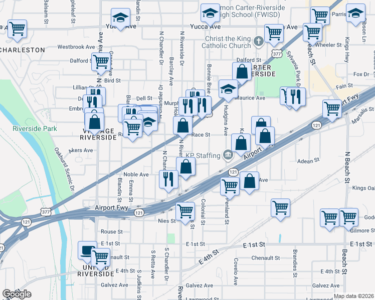 map of restaurants, bars, coffee shops, grocery stores, and more near 600 Blevins Street in Fort Worth