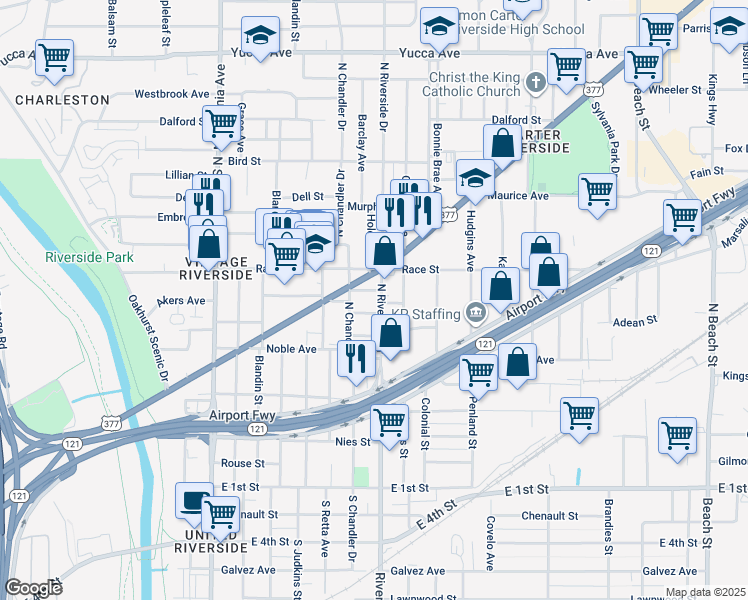 map of restaurants, bars, coffee shops, grocery stores, and more near 601 North Riverside Drive in Fort Worth