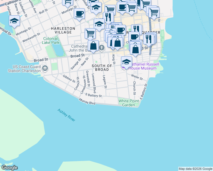 map of restaurants, bars, coffee shops, grocery stores, and more near 6 Legare Street in Charleston