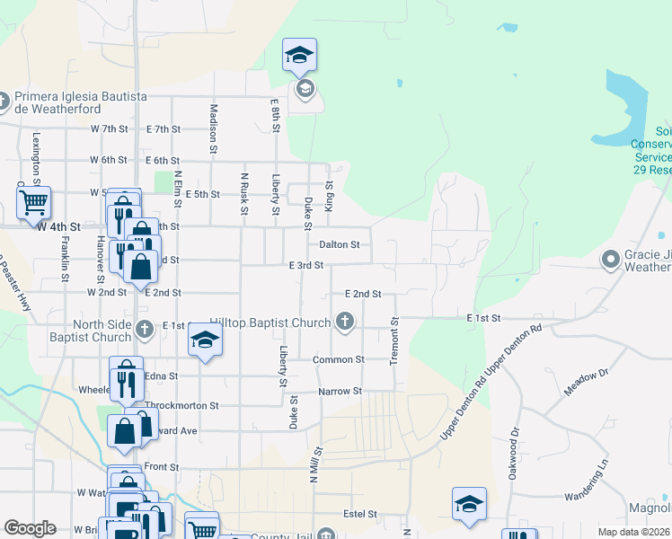 map of restaurants, bars, coffee shops, grocery stores, and more near 1114 King Street in Weatherford