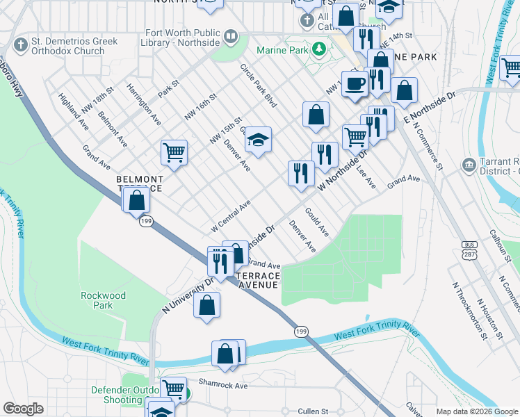 map of restaurants, bars, coffee shops, grocery stores, and more near 1314 Lagonda Avenue in Fort Worth