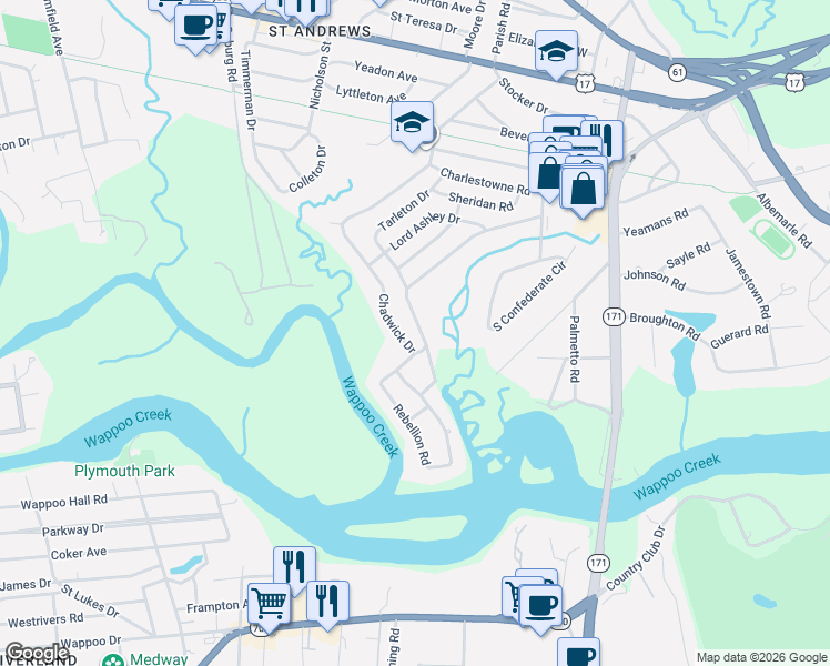 map of restaurants, bars, coffee shops, grocery stores, and more near 91 Tarleton Dr in Charleston