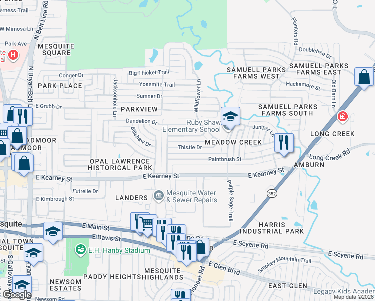 map of restaurants, bars, coffee shops, grocery stores, and more near 1102 Thistle Drive in Mesquite