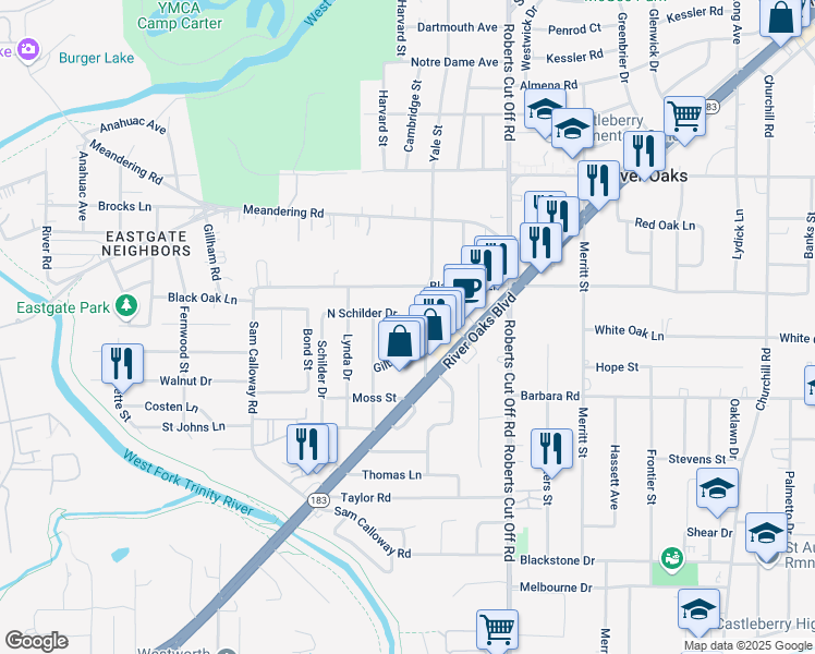 map of restaurants, bars, coffee shops, grocery stores, and more near 820 Walter Drive in River Oaks