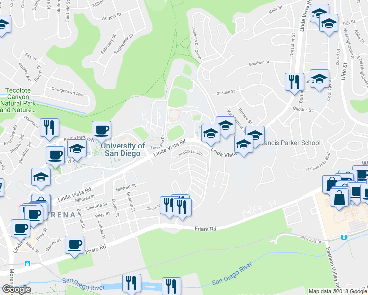 map of restaurants, bars, coffee shops, grocery stores, and more near 6263 Caminito Salado in San Diego