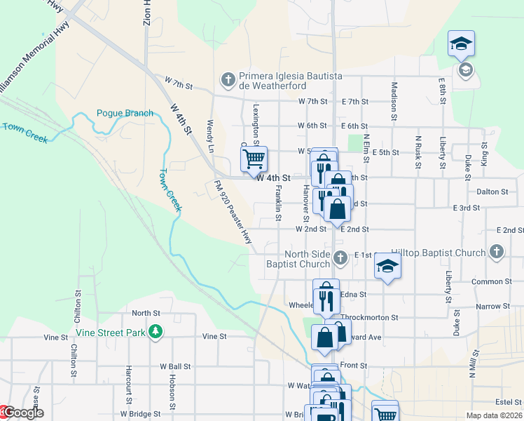 map of restaurants, bars, coffee shops, grocery stores, and more near 309 West 3rd Street in Weatherford