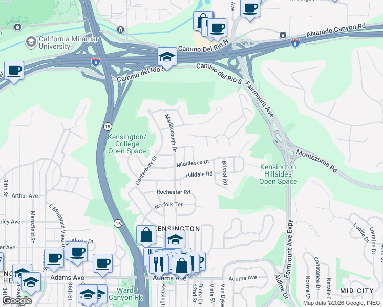 map of restaurants, bars, coffee shops, grocery stores, and more near 5176 East Bedford Drive in San Diego