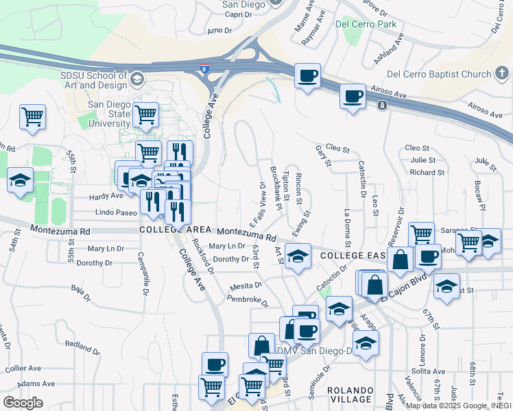 map of restaurants, bars, coffee shops, grocery stores, and more near 5136 East Falls View Drive in San Diego