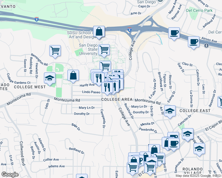 map of restaurants, bars, coffee shops, grocery stores, and more near 2 Montezuma Place in San Diego