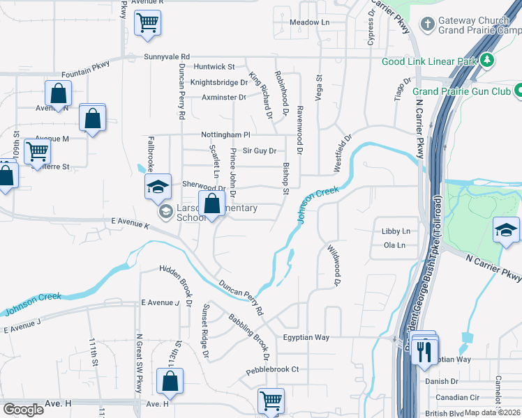 map of restaurants, bars, coffee shops, grocery stores, and more near 2413 Kingsbridge Drive in Grand Prairie