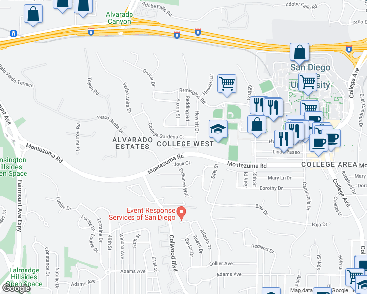 map of restaurants, bars, coffee shops, grocery stores, and more near Stone Court in San Diego