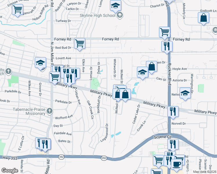 map of restaurants, bars, coffee shops, grocery stores, and more near 4018 Tolbert Street in Dallas