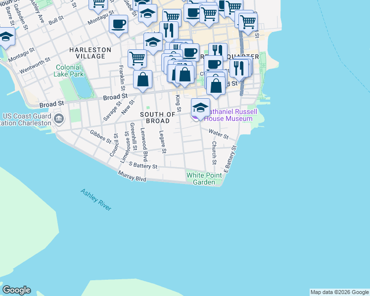 map of restaurants, bars, coffee shops, grocery stores, and more near 22 King Street in Charleston