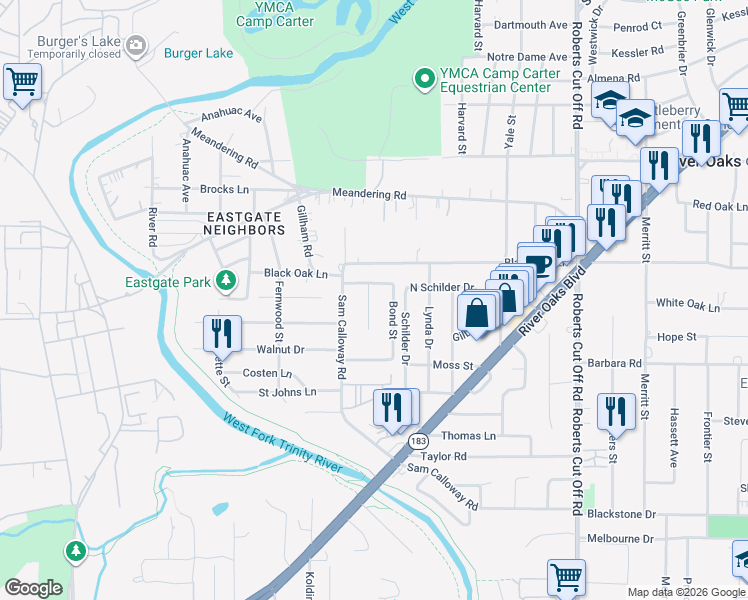 map of restaurants, bars, coffee shops, grocery stores, and more near 832 Stamps Avenue in Fort Worth