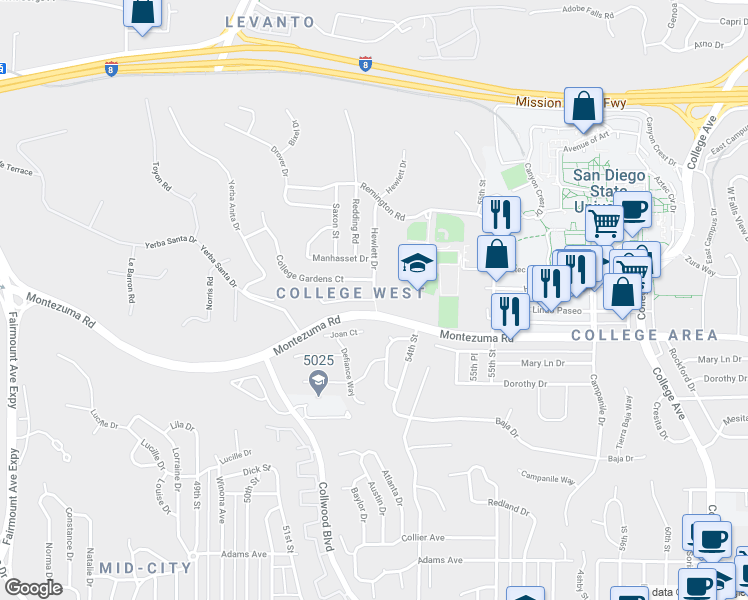 map of restaurants, bars, coffee shops, grocery stores, and more near Hewlett Dr & Stone Ct in San Diego