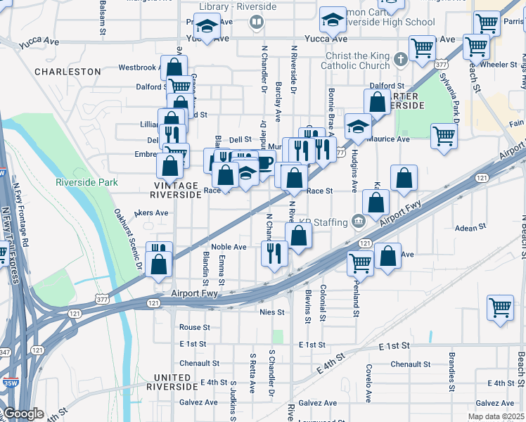 map of restaurants, bars, coffee shops, grocery stores, and more near 3008 East Belknap Street in Fort Worth