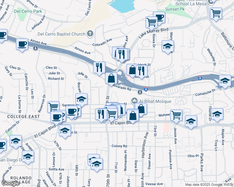 map of restaurants, bars, coffee shops, grocery stores, and more near 7000 Saranac Street in La Mesa