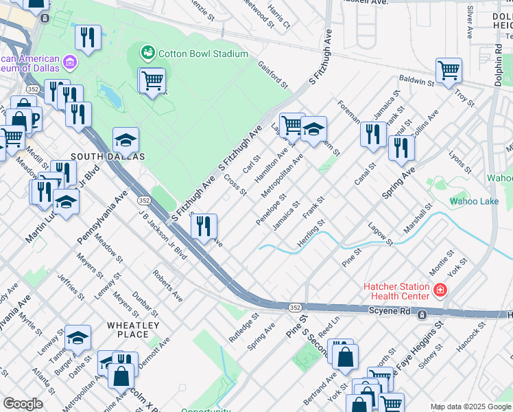 map of restaurants, bars, coffee shops, grocery stores, and more near 3708 Metropolitan Avenue in Dallas