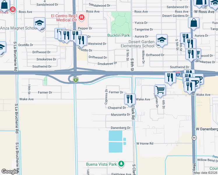 map of restaurants, bars, coffee shops, grocery stores, and more near 1167 Whitney Way in El Centro