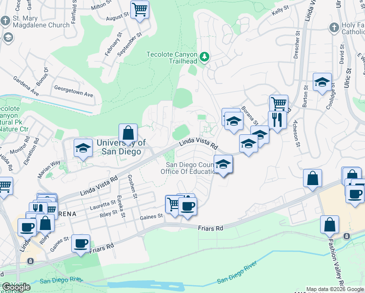 map of restaurants, bars, coffee shops, grocery stores, and more near 6228 Caminito Salado in San Diego