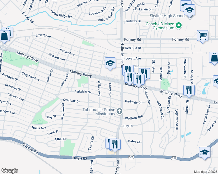 map of restaurants, bars, coffee shops, grocery stores, and more near 6835 Woodard Avenue in Dallas
