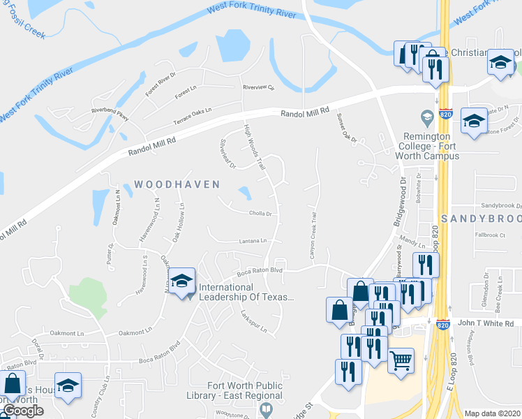 map of restaurants, bars, coffee shops, grocery stores, and more near 6113 Cholla Drive in Fort Worth