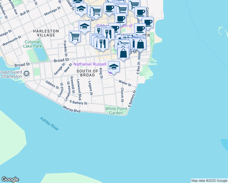 map of restaurants, bars, coffee shops, grocery stores, and more near 23 Meeting Street in Charleston