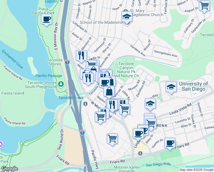 map of restaurants, bars, coffee shops, grocery stores, and more near 1312 Morena Boulevard in San Diego