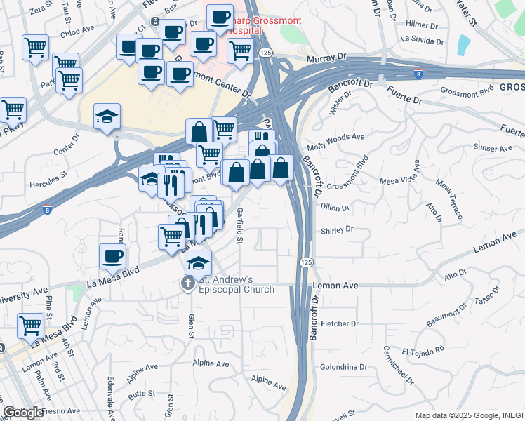 map of restaurants, bars, coffee shops, grocery stores, and more near 5121 Dailey Court in La Mesa