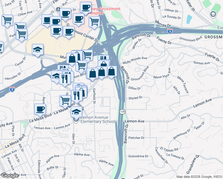 map of restaurants, bars, coffee shops, grocery stores, and more near 5121 Harmony Lane in La Mesa