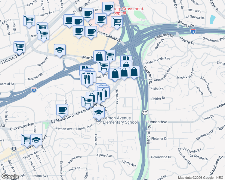 map of restaurants, bars, coffee shops, grocery stores, and more near 8861 La Mesa Boulevard in La Mesa