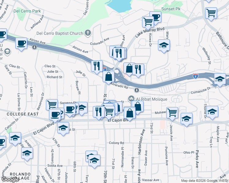 map of restaurants, bars, coffee shops, grocery stores, and more near Unnamed Road in La Mesa