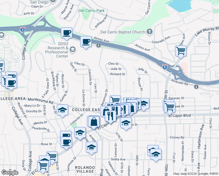 map of restaurants, bars, coffee shops, grocery stores, and more near 5275 Reservoir Drive in San Diego