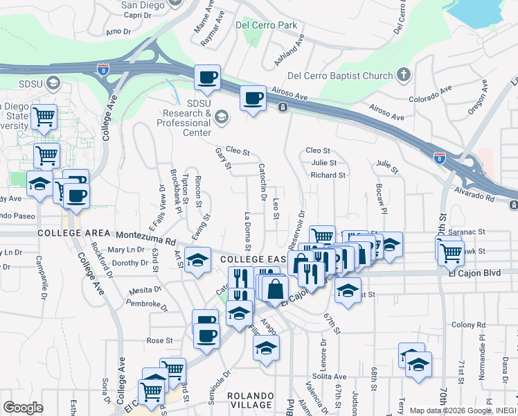 map of restaurants, bars, coffee shops, grocery stores, and more near 5154 Catoctin Drive in San Diego