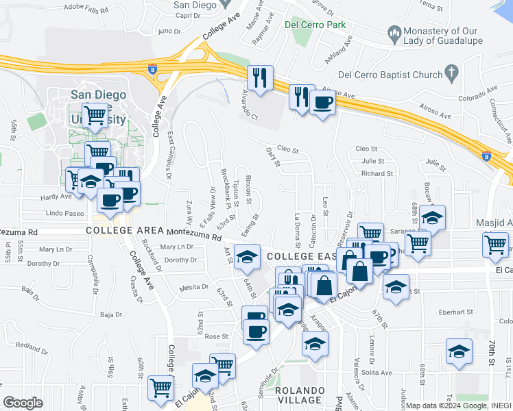 map of restaurants, bars, coffee shops, grocery stores, and more near 5150 Ewing Street in San Diego