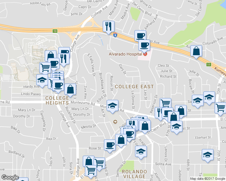 map of restaurants, bars, coffee shops, grocery stores, and more near 5150 Ewing Street in San Diego