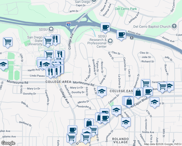 map of restaurants, bars, coffee shops, grocery stores, and more near 5136 East Falls View Drive in San Diego