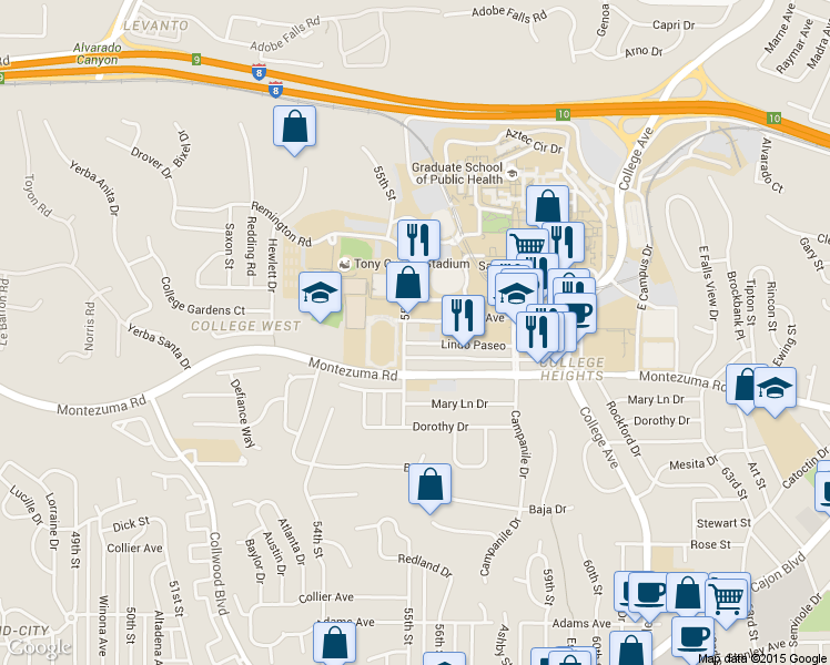 map of restaurants, bars, coffee shops, grocery stores, and more near 5200 55th Street in San Diego