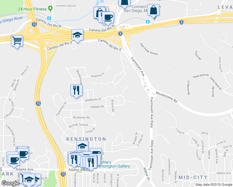 map of restaurants, bars, coffee shops, grocery stores, and more near 4304 Middlesex Drive in San Diego