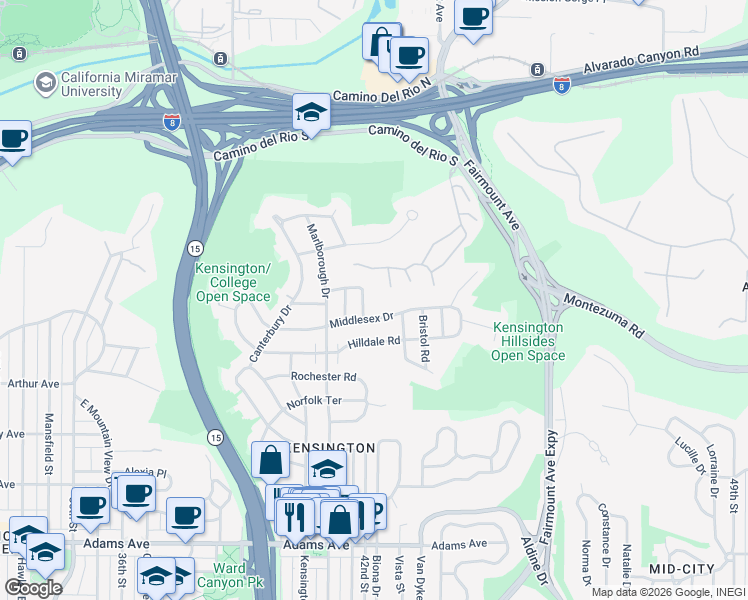 map of restaurants, bars, coffee shops, grocery stores, and more near 5176 East Bedford Drive in San Diego