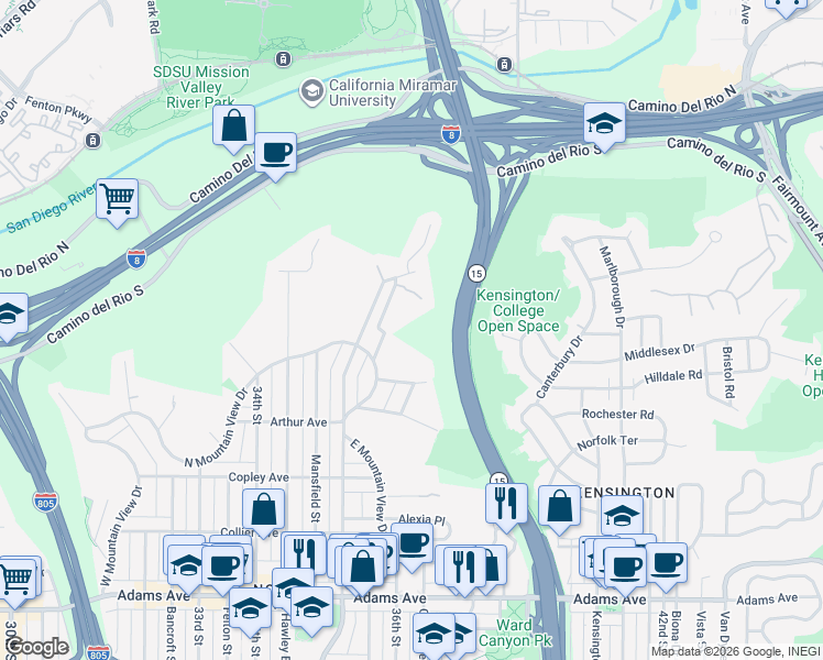 map of restaurants, bars, coffee shops, grocery stores, and more near 5207 Benton Place in San Diego