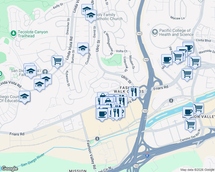 map of restaurants, bars, coffee shops, grocery stores, and more near 6956 Camino Revueltos in San Diego