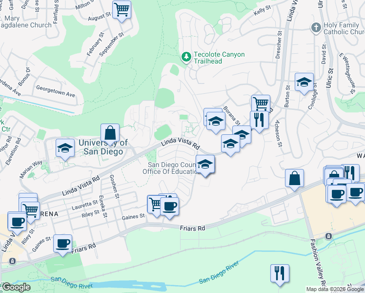 map of restaurants, bars, coffee shops, grocery stores, and more near 6341 Caminito Salado in San Diego