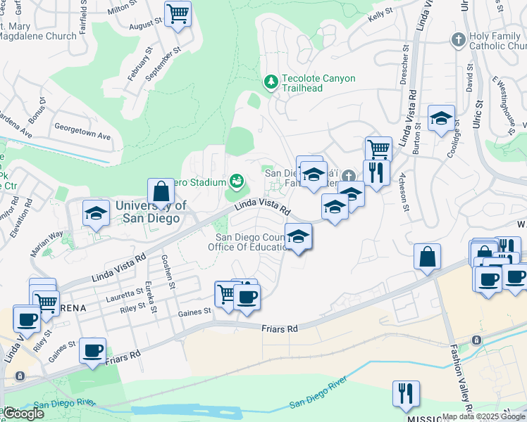 map of restaurants, bars, coffee shops, grocery stores, and more near 6341 Caminito Salado in San Diego