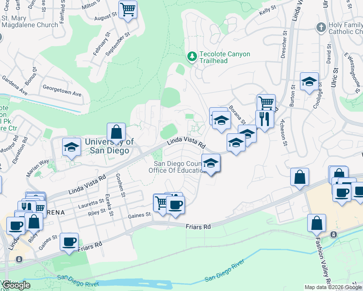 map of restaurants, bars, coffee shops, grocery stores, and more near 6257 Caminito Salado in San Diego