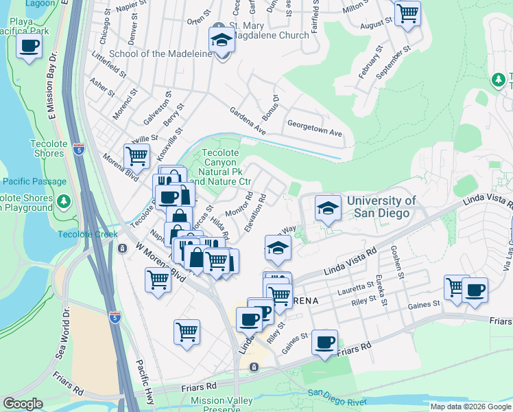 map of restaurants, bars, coffee shops, grocery stores, and more near 1457 Elevation Road in San Diego