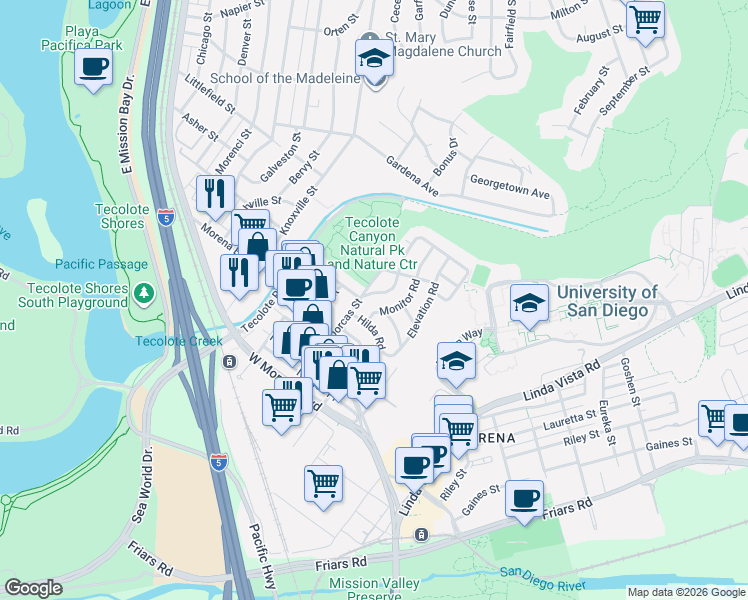 map of restaurants, bars, coffee shops, grocery stores, and more near 1357 Dorcas Street in San Diego