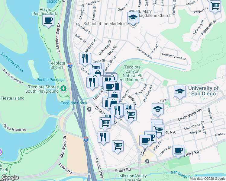 map of restaurants, bars, coffee shops, grocery stores, and more near 1308 Viola Street in San Diego