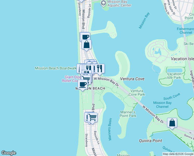 map of restaurants, bars, coffee shops, grocery stores, and more near 804 Island Court in San Diego